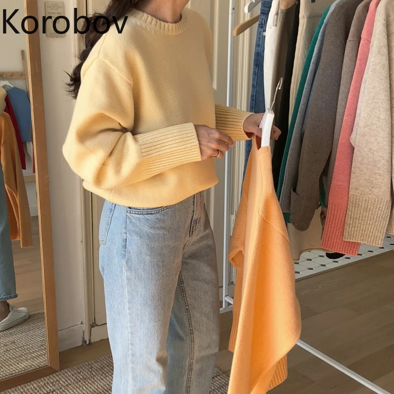 Korobov шикарный осенний Однотонный свитер с длинными рукавами в Корейском стиле