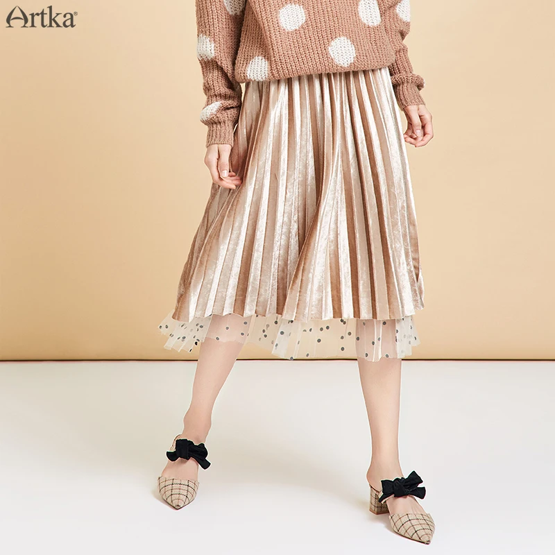 ARTKA Осень Для женщин юбка в горошек, элегантная сетчатая юбка в складку с эластичной резинкой на талии; модные Двусторонняя одежда юбки Для женщин QA10291Q
