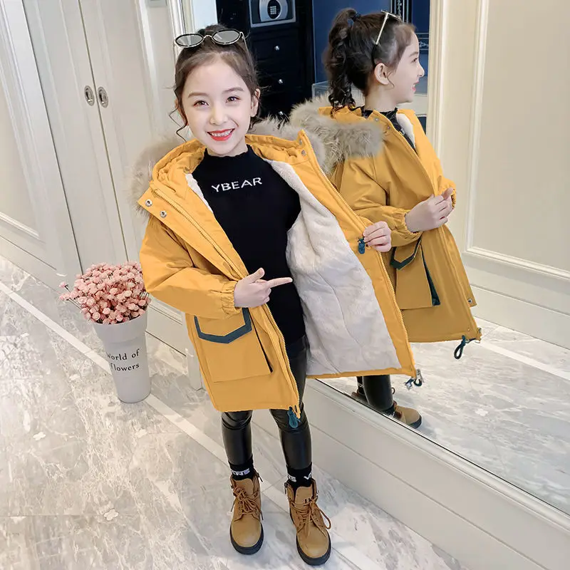 

Girls Winter Cotton-padded Jacket for Kids Hooded Warm Outerwear New Children Fashion Thicken Warm Clothes Parkas 3 To 14 Years