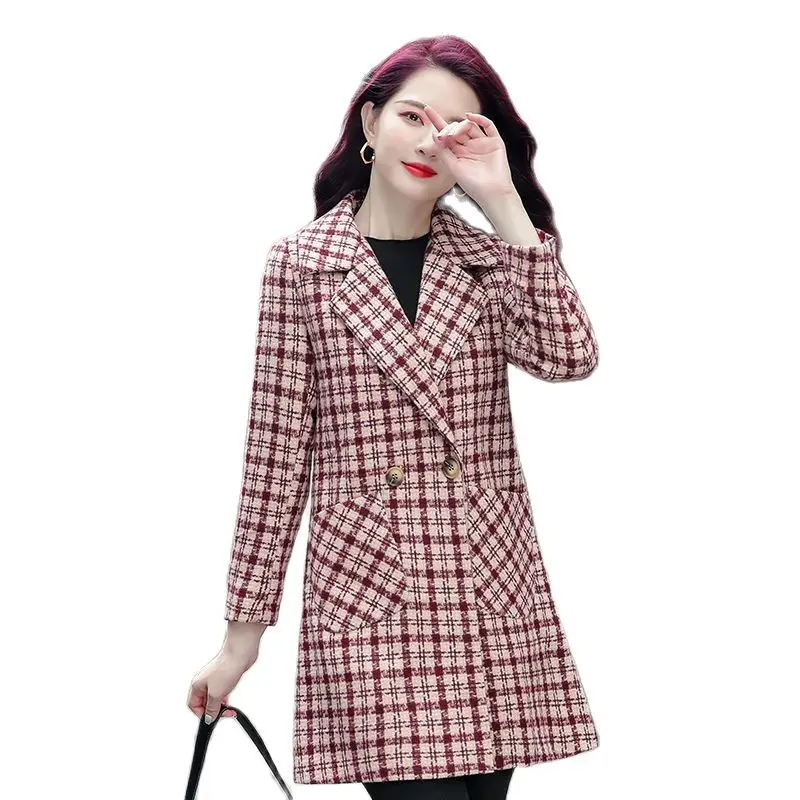 

Fashion Plaid Woolen Coat Women's Autumn Winter Jacket Mid-Length Double-Breasted Woolen Windbreaker Outerwear Korean Version Fe
