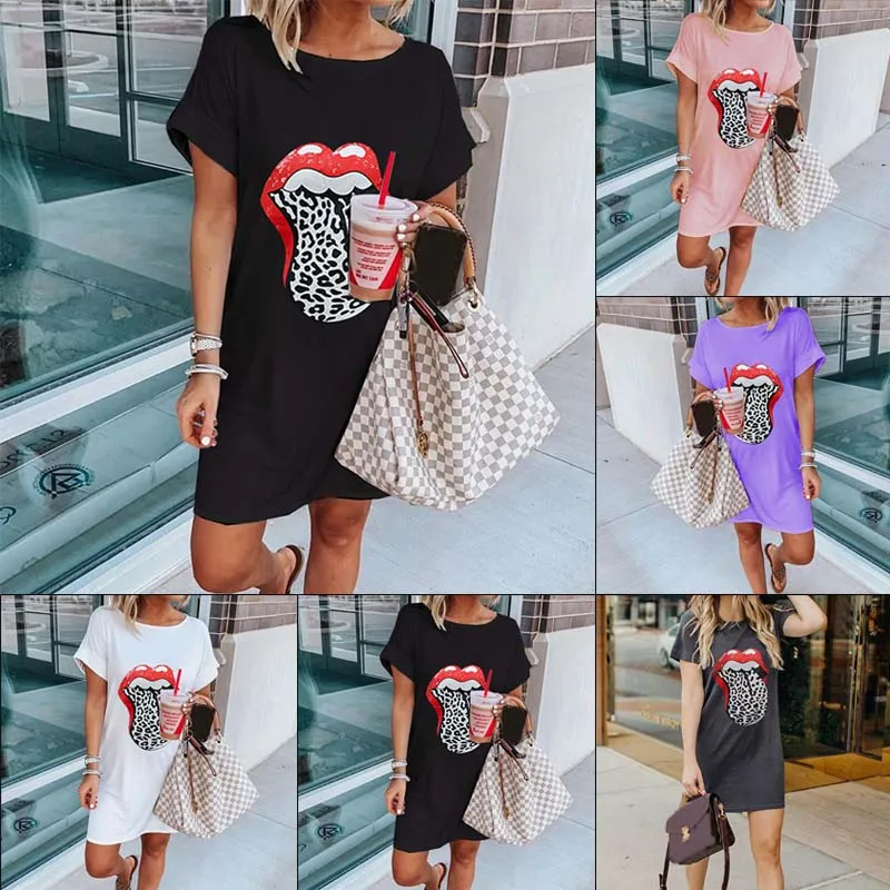 

Leopard Lip Print Dress Women Oversize Sleepwear Short Sleeve Club Dresses Plus Size Mini Vestidos Summer Sexy Casual Pullovers
