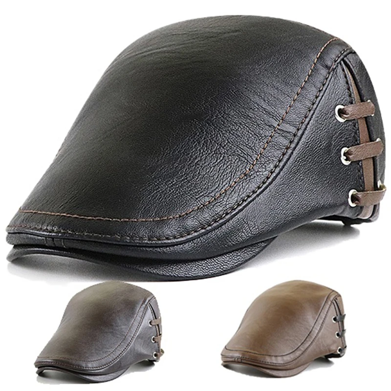 

Fashion PU Leather Caps Windproof Man Beret Bandage Hat Spring Flat Cap Casquette Warm Side Strap Boina Masculina