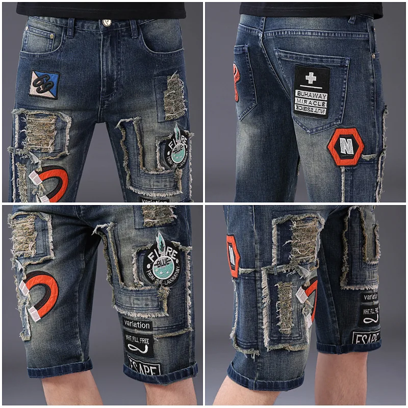 

ABOORUN 2021 Men's Summer Denim Shorts Letters Embroidery Ripped Jean Shorts Brand Short Pants for Male