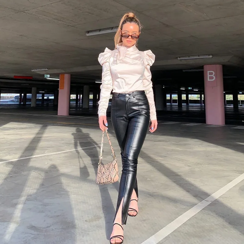 

Zoulv Women's Faux Leather Pant Trouser Split Flare Pants Black High Waist Skinny PU Leather Pantalones Spring 2021 Lady Capris