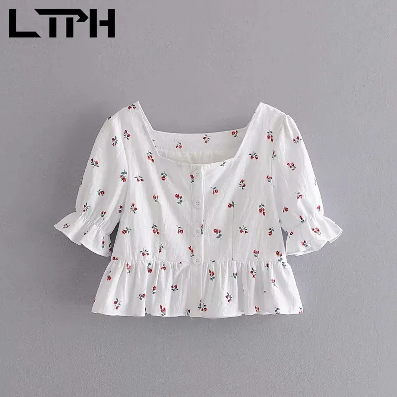 

LTPH vintage floral womens tops and blouses square collar Ruffles short puff sleeve blouses women casual shirt 2021 Summer New