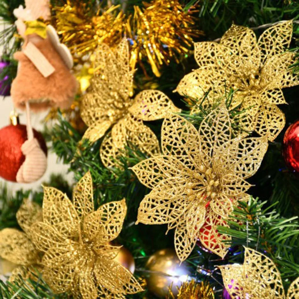 

10PCS Artificial Christmas Tree Flowers Glitter Fake Flowers Xmas Decoration Home Wedding Valentine's Day New Year's Decor 2021