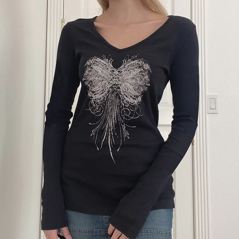

Slim Elegant Autumn Long Sleeve T Shirt Butterfly Print Vintage Tops Knitted Tee Women Casual V Neck Skinny T Shirt Fashion