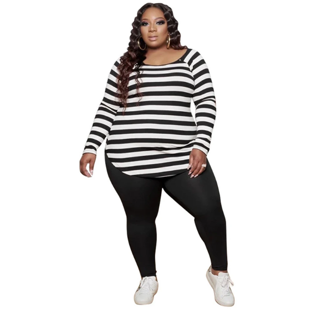 

HAOOHU Fall Plus Size Women Clothing Street Wear Casual O Neck Striped Long Sleeved Tops Tight Pants Suit 5XL Urban Casual 2021