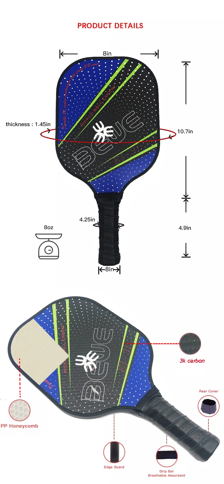 Быстрая Подгонянный свет USAPA одобренный 3K углеродный Графит Pickleball Весло С ПОЛИМЕРНЫМ сотом