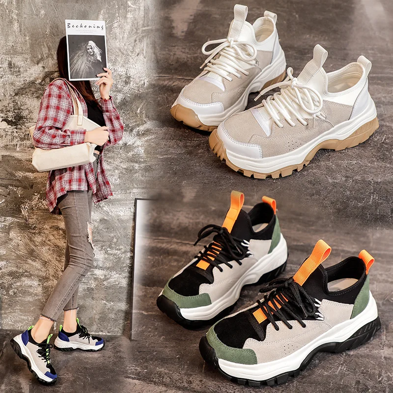 

Genuien Leather Sneakers for Women Spring Casual White Shoes Breathble 2021 New Sock Shoes for Women Platform Black Sneakers