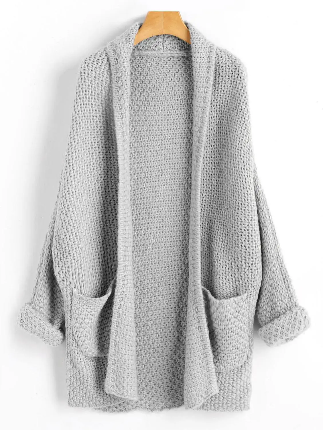 

ZAFUL Open Front Curled Sleeve Batwing Cardigan For Women Shawl Collar Longline Solid Color Sweater Cardigans With Pocket Tops