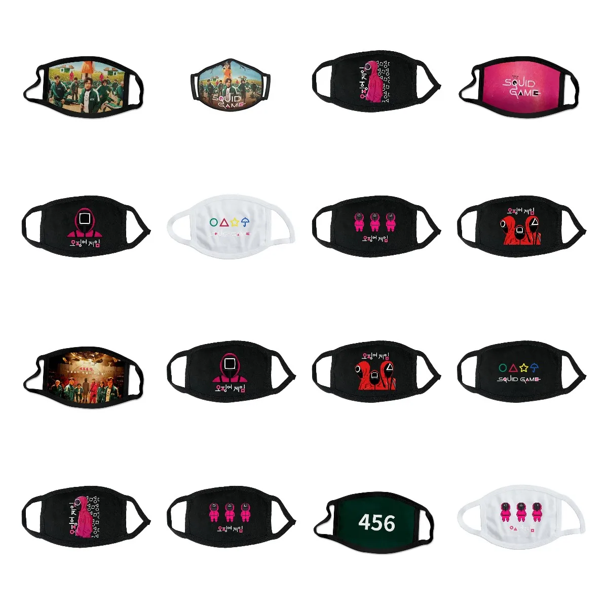 

Wholesales 16 styles Adult Squid Game Face Mask Print Reusable Washable Adjustable Unisex Black Masks Adjustable Earloop Bandage