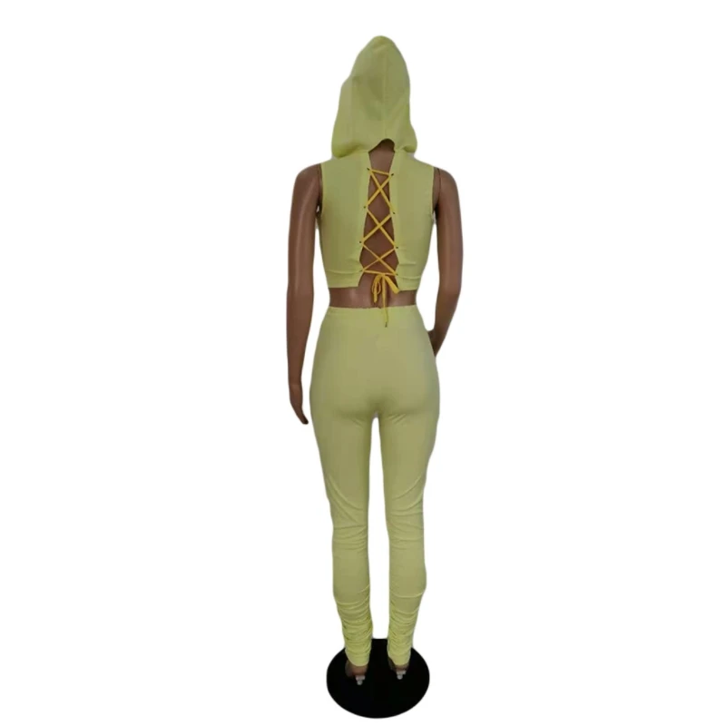 

Hoodies Cropped Crop Top And Pants Sweat Suit Solid Color Open Back Ribbons Lace Up Sexy Casual Outfits For Women Draw Shirring