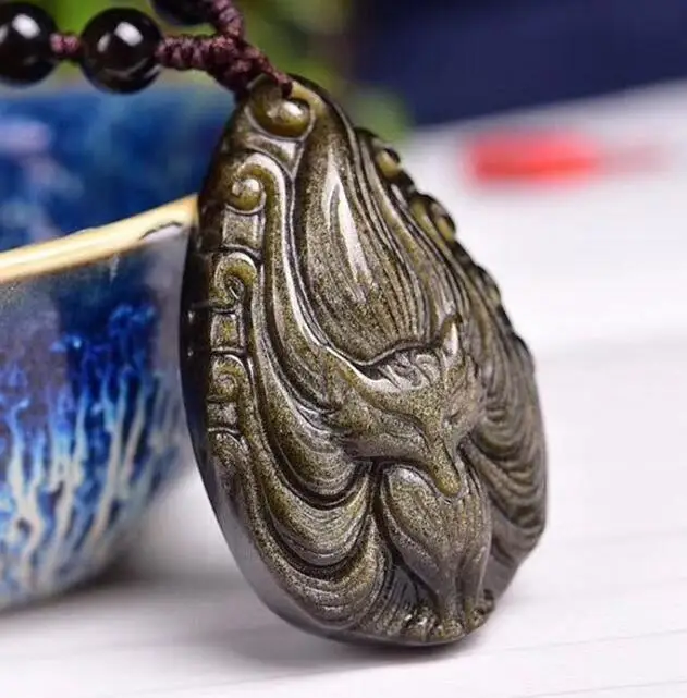 Красивый натуральный Золотой обсидиан резная китайская удивительная лиса