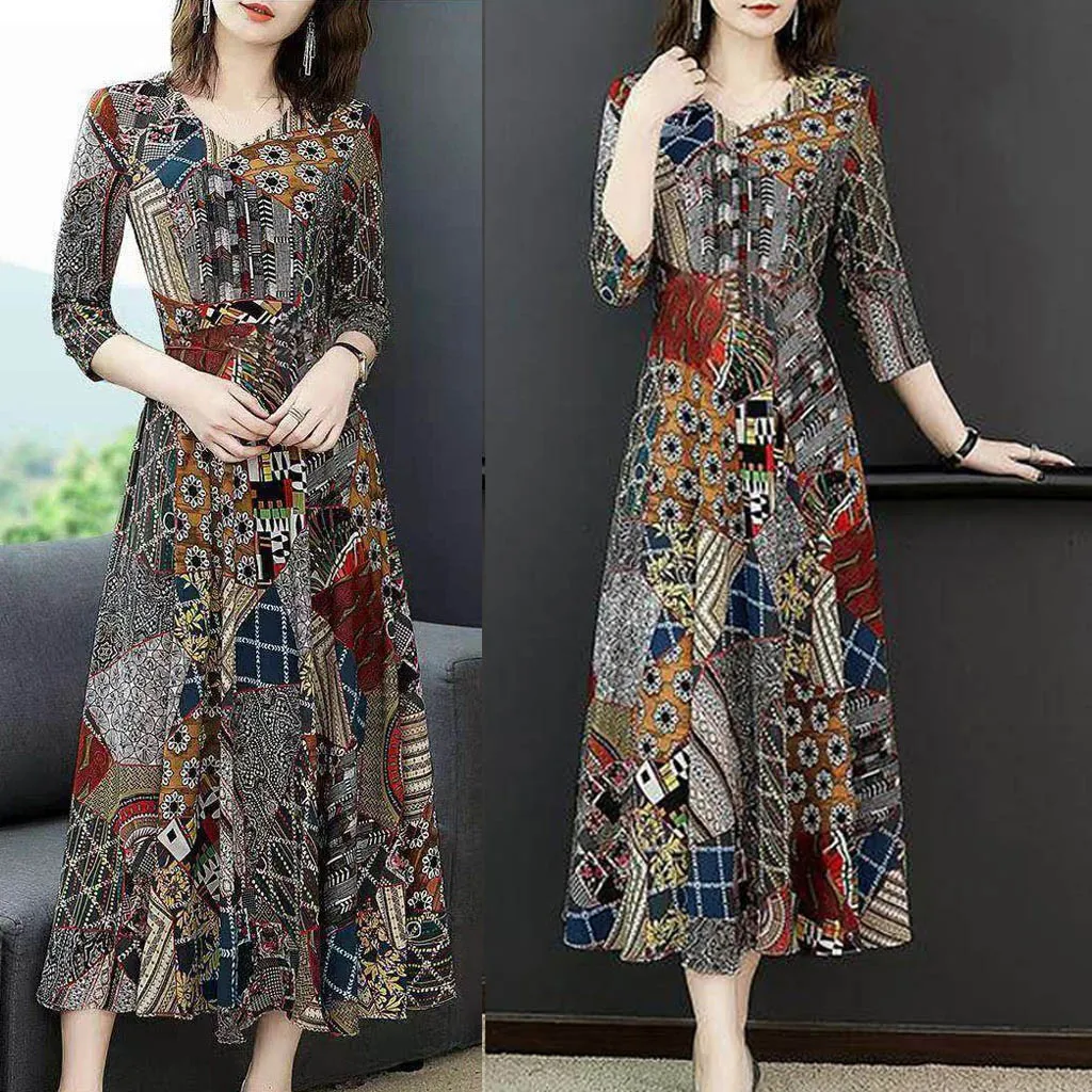 

Abstract print lacing dress women v-neck long sleeve Ankle-length maxi dress Elegant style casual women dresses vestido de mujer