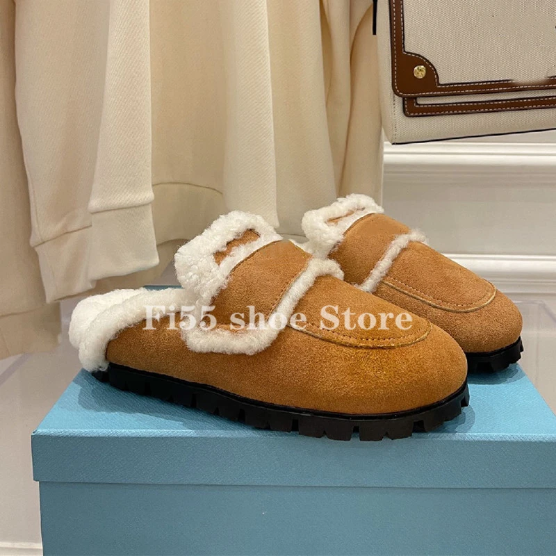 

Genuine Leather Winter Fur Slippers Real Wool Thick Sole Outdoor Mules Slippers Brand Designer Shoes Woman Furry Slides W36
