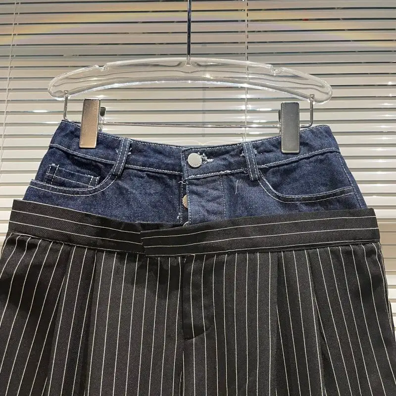 

SeeBeautiful Vertical Striped Denim Stitching Loose Pants Lace Up Button Trousers Women Summer Autumn 2021 New Fashion G233