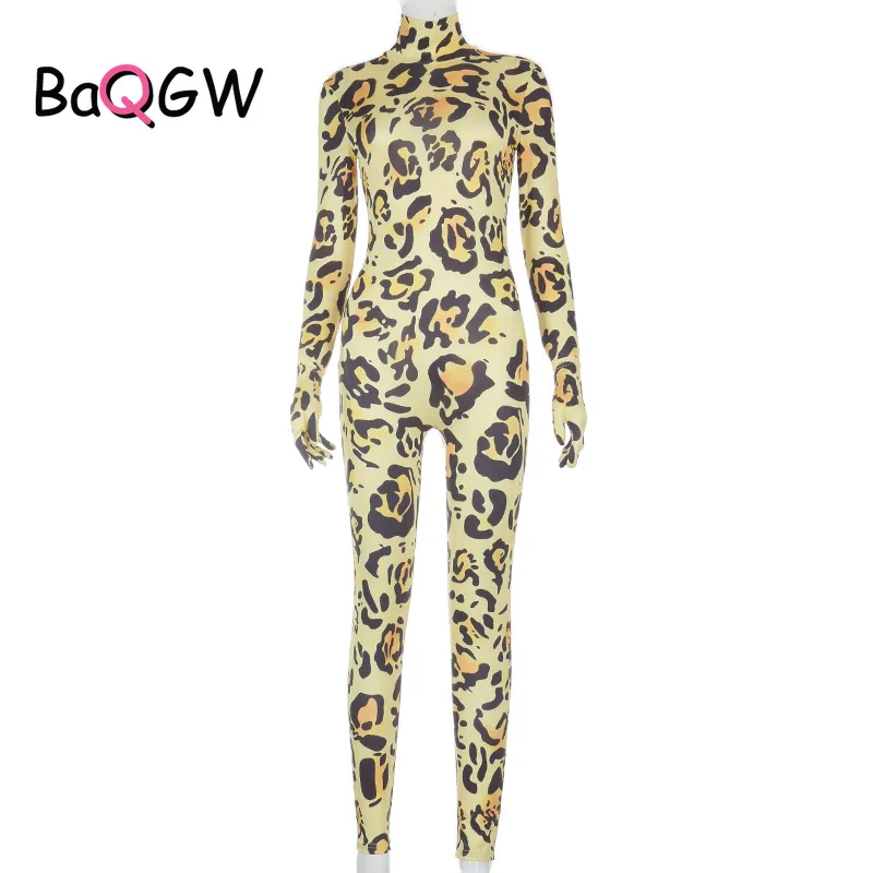 

BaQGW Leopard Bodycon Skinny Jumpsuit Co-ord Sets with Gloves Women Sexy Night Long Sleeve Winter Casual Hot One Piece Outfits