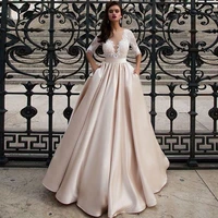 elegant satin wedding dresses with pocket vestidos noiva lace half sleeves bridal gowns 2021 floor length champagne bride dress