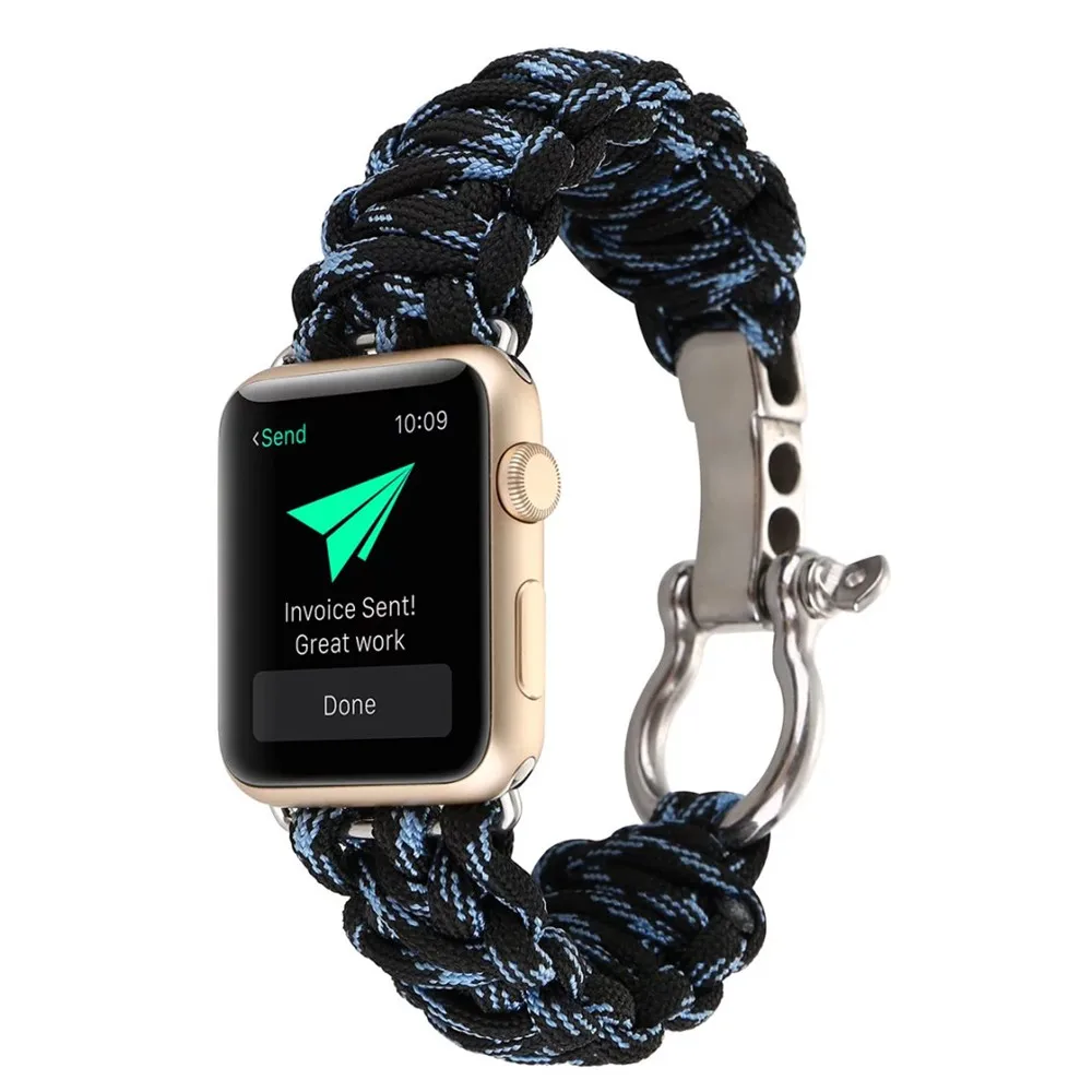 S Black Blue Нейлоновый спасательный трос ремешок с кожаной петлей Пряжка для apple watch ремешок 38 мм/42 мм/40 мм/44 мм наручный ремень для iWatch серии 5 4 3 - Цвет ремешка: S Black Blue