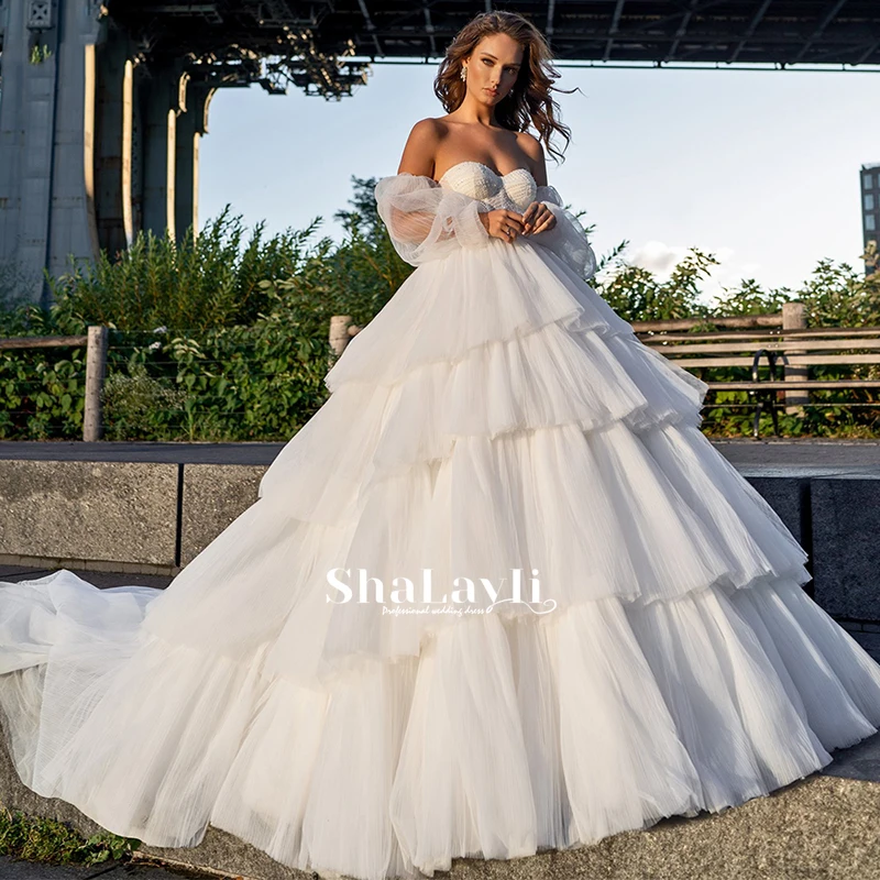 

Роскошное Свадебное платье с глубоким круглым вырезом, Бальное кружевное элегантное платье с аппликацией без бретелек, платье невесты со ш...