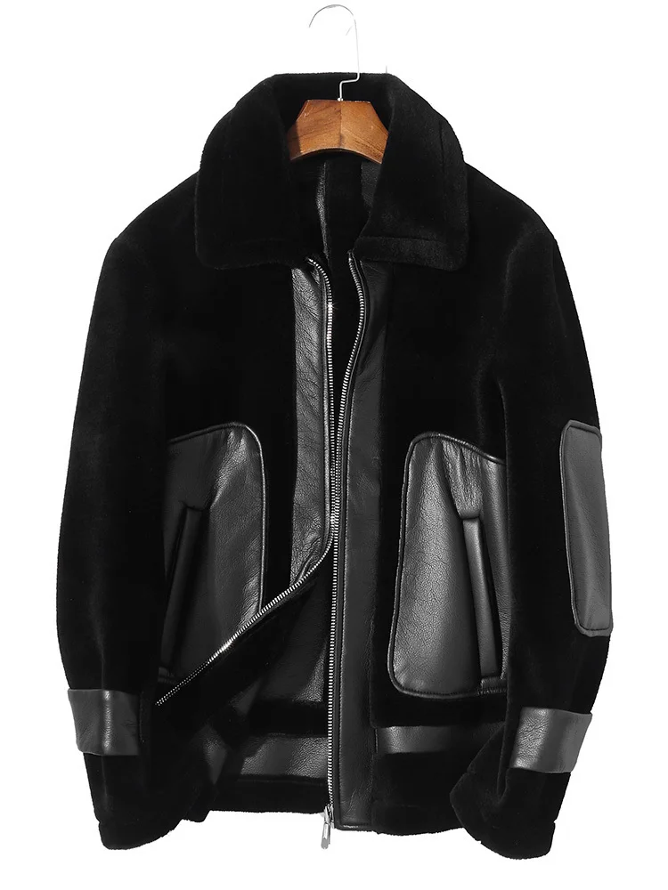

100% Wool Coat Winter Jacket Men Real Sheep Shearling Fur Coats Streetwear Men's Leather Jacket Plus Size P-1-7331 MY1581