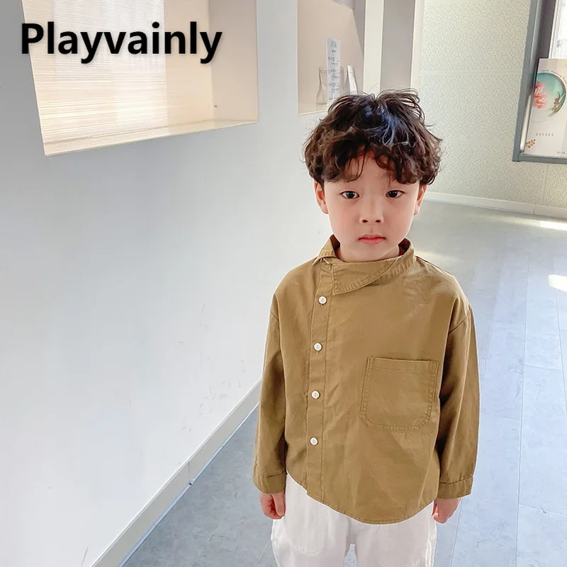 Camisa de estilo coreano para ni&ntilde;os y ni&ntilde;as, blusa informal con escote Irregular, color Beige y caqui, ropa para ni&ntilde;os de 1 a 6 a&ntilde;os, 2021-0