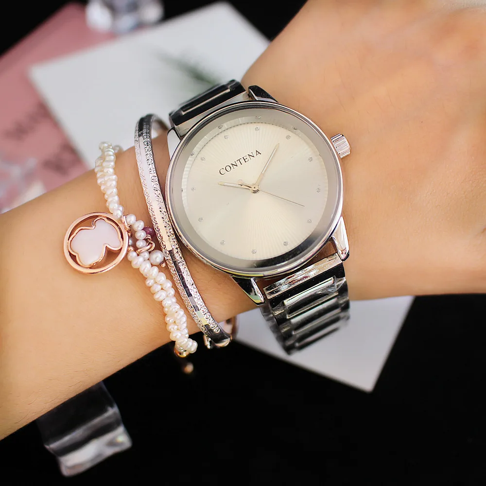 Reloj Mujer 2010 Новые CONTENA женские часы модные серебряные для женского платья подарки