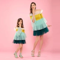 cute colorful mom me tulle mni dresses half sleeves off the shoulder short dress for duaghter and mom ruffled tiered gown