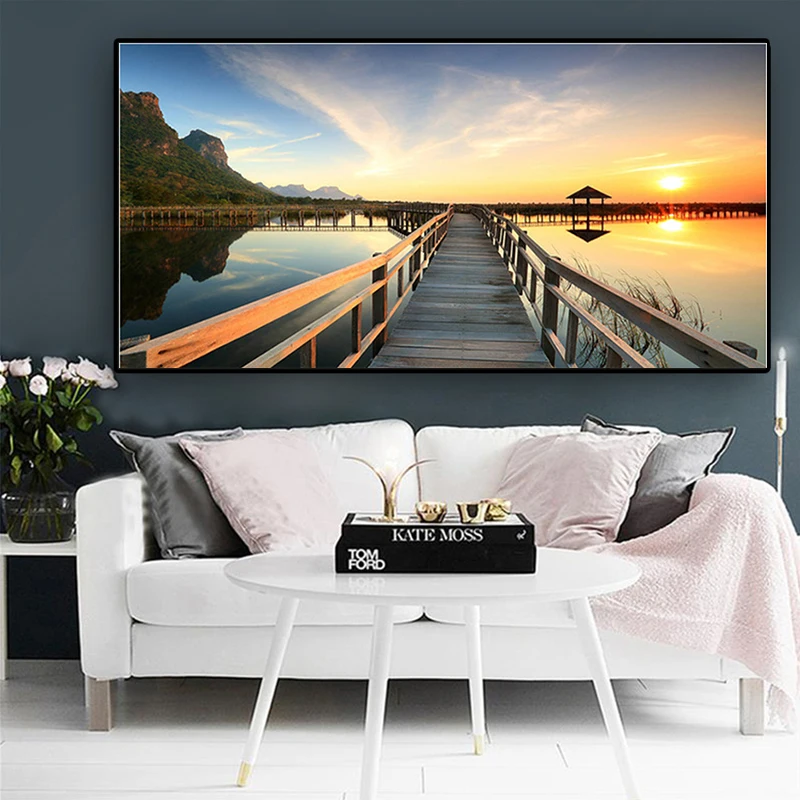 

Scandinavian Sunsets Bridge Wooden Lake Landscape Posters and Prints Canvas Painting Cuadros Wall Art Picture Home Decoration