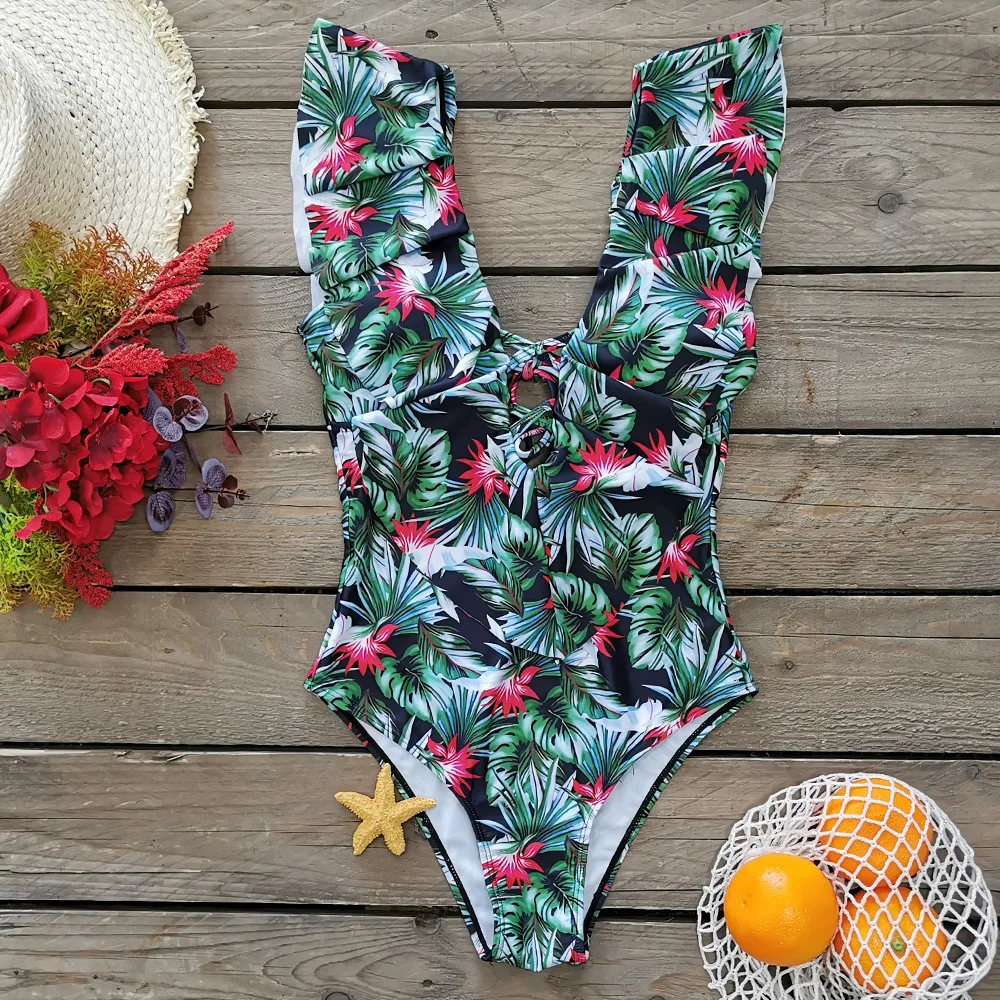 

2021 new deep V one piece printed open back Ruffle swimsuit