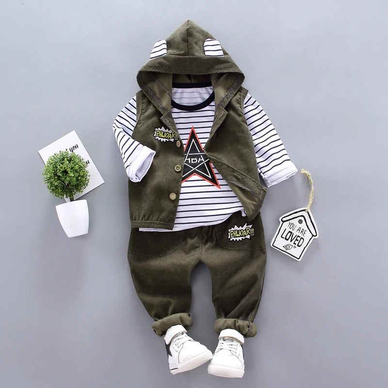 Spring Autumn Children Baby Casual Hooded Vest Pants 3pcs/sets Infant Sports Clothes Outfit Toddler Suits Boys Kids Tracksuits |