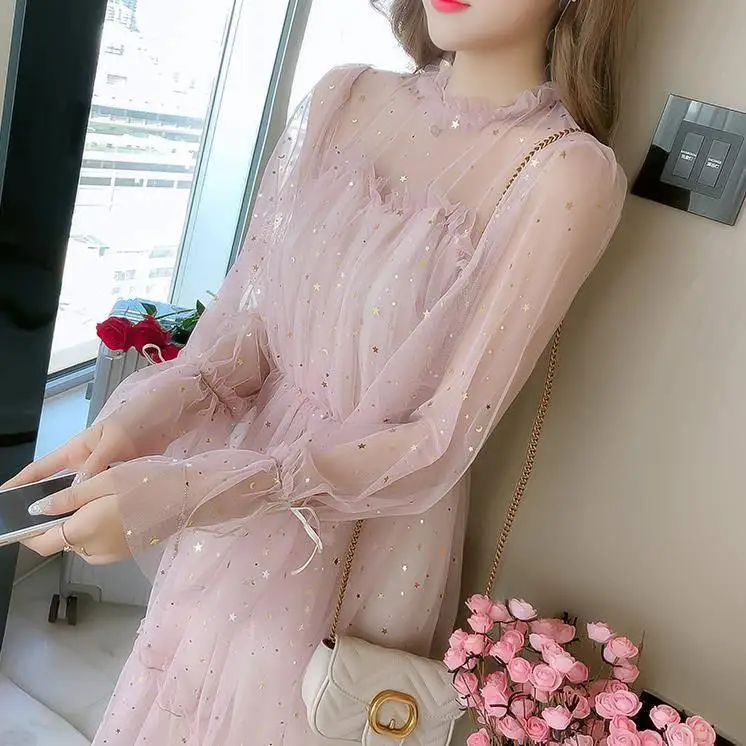 

Spring Autumn New Female O-neck Stars Sequined Mesh Shiny Fairy Dress Women Elegant Bling Gauze Princess Puff Dresses