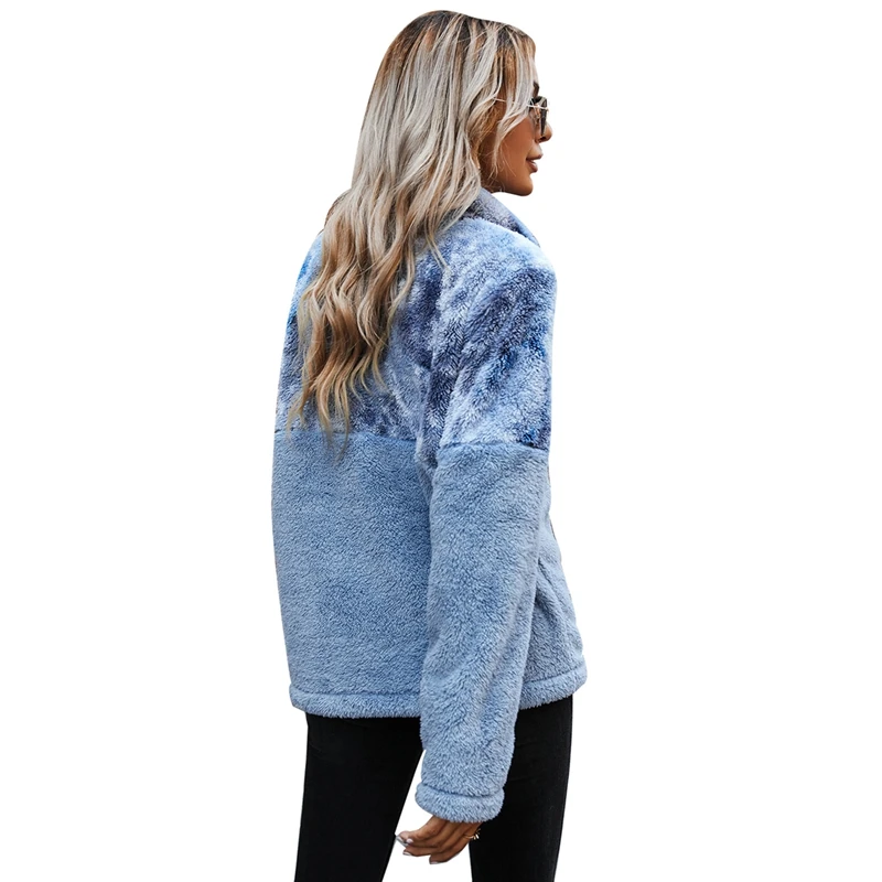 

Women Casual Sweater Contrast Color Stitching Warm Tops Autumn Winter Street Ladies Zipper Lapel Pullover