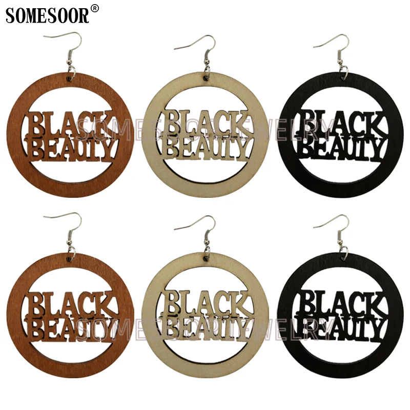 

SOMESOOR 2020 New Products Laser Cutting Carving BLACK BEAUTY Text Hollowing Out Round Drop Earrings For Women Gifts