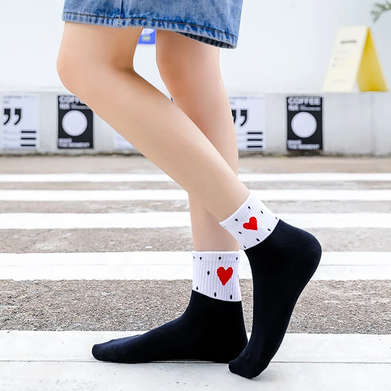 Женские носки с красным сердцем милые Простые хлопковые для колледжа новинка