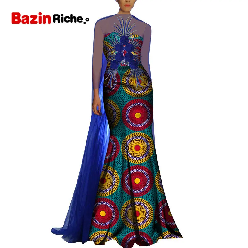 African Dresses for Women Party Wedding Fashion Blue Chiffon Patchwork With Appliques WY8711