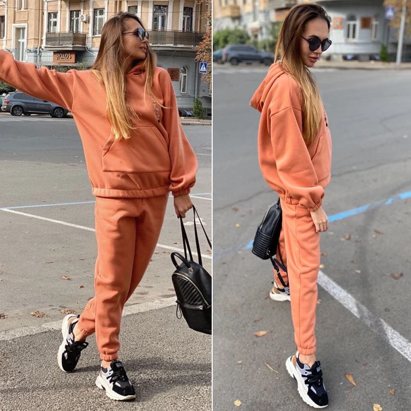 

Autumn Winter Two Pieces Tracksuit Women Warm Chandal Ropa De Mujer Hooded Sweater Shirt Outfits Sport Suits Female Sets