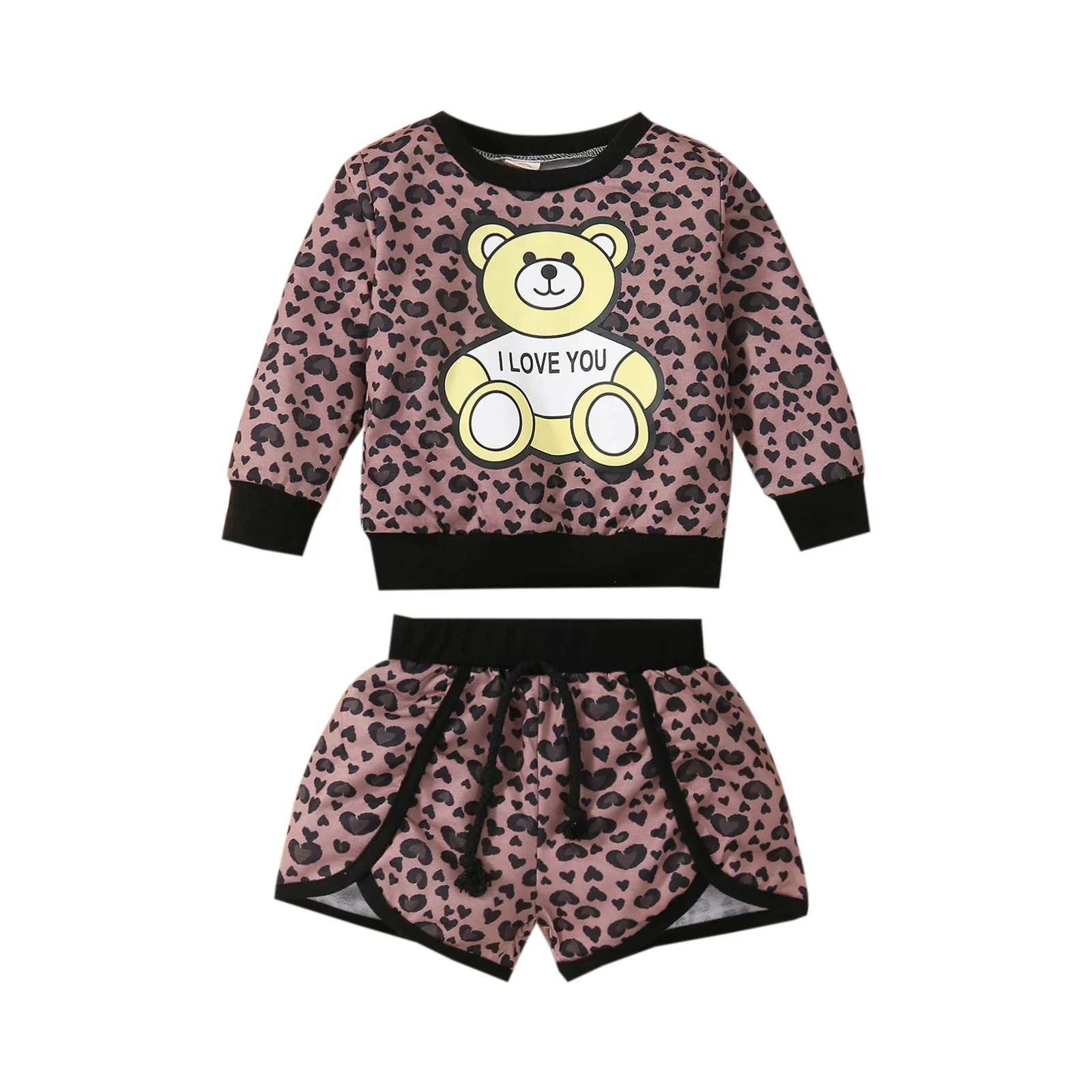 

2021 Toddle Baby Girl Clothes Kid Girls 2Pcs Fall Outfits, Casual Long Sleeve Bear Leopard Print Pullover and Shorts Set