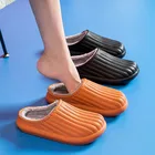 Зимние теплые тапочки для женщин и мужчин, водонепроницаемые полосатые Нескользящие шлепанцы на толстой подошве, искусственный мех