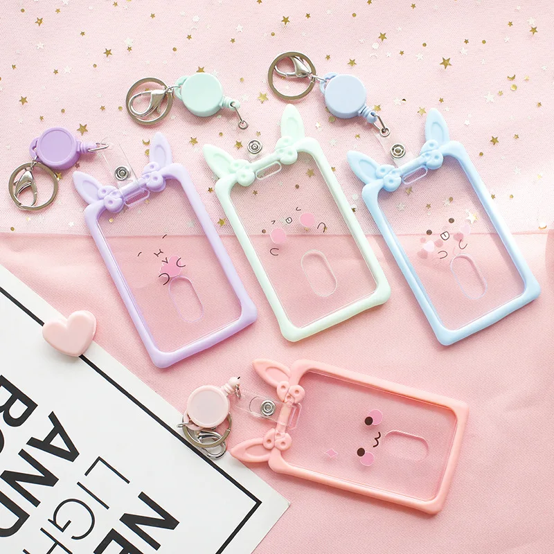 Cute Ear Transparent Retractable Card Holder Silicone Case Girl Student Clear ID Pass Cover Keychain Women Badge | Багаж и сумки