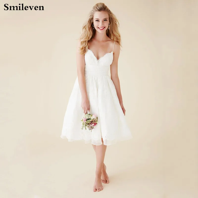 

Smileven Beach Wedding Dress Knee Length Lace Boho Bride Dresses Spaghetti Strap Sexy V Neck Wedding Party Gowns Custom Made