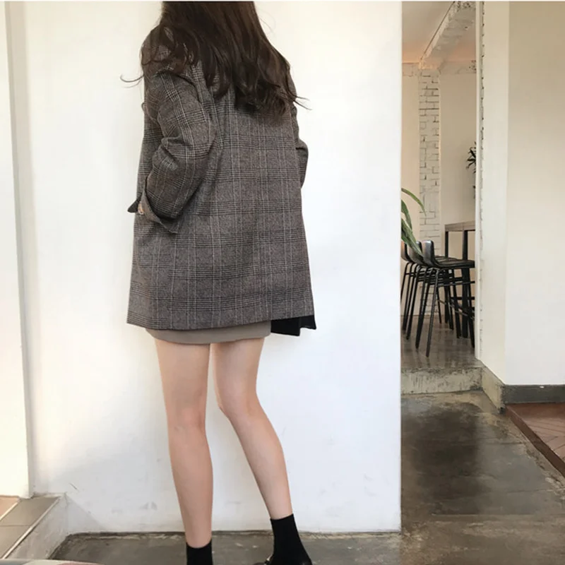 

Women's 2020 Autumn Vintage Jacket Blazer Coat Plaid Print Long Sleeve Loose Blazers Office Lady Casual Checkered Outwear Female