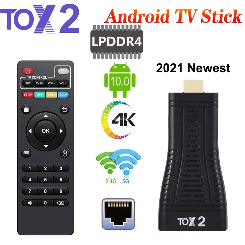 Android 10.0 TV Box TOX2 TV Stick With 100M LAN Quad Core 2.4G 5G Dual Wifi BT5.0 4K DDR4 2GB Smart Media Player TOX TV Dongle