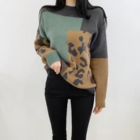 vintage women fall patchwork o neck leopard sweater pullover winter brown knitted jumper tops loose korean fashion pull femme
