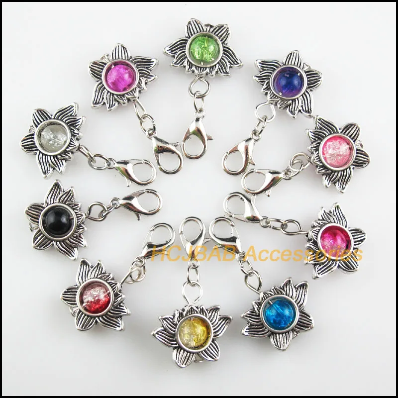 

10Pcs Tibetan Silver Tone Lotus Retro Mixed Shivering Glass 17x19mm With Lobster Claw Clasps Charms