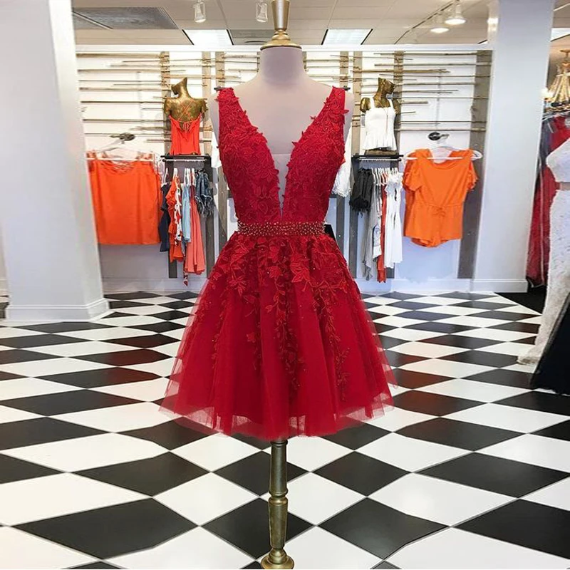 Красное платье для встречи выпускников с V-образным вырезом ТРАПЕЦИЕВИДНОЕ без