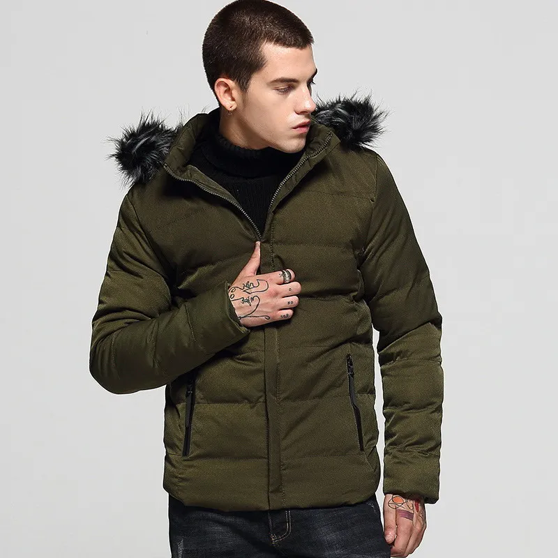 

Autumn winter new men's casual short cotton-padded jacket with hood and velvet padded warm cotton jacket