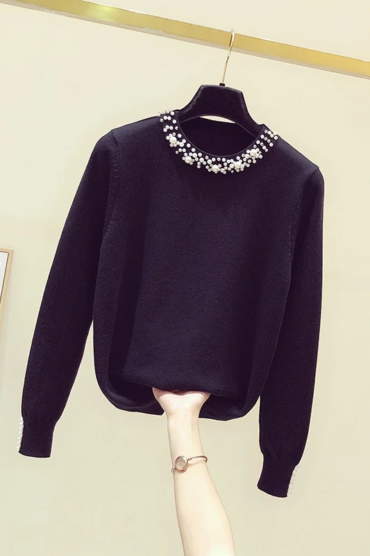 

2020 Autumn Winter New Beaded Round Neck Long-Sleeved Black Sweater Top Women's Loose Bottoming Sweaters Students Pullover Coat