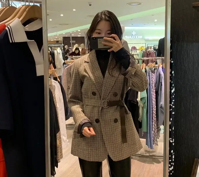 Женский шерстяной Блейзер в клетку двубортный прямой пиджак с длинным рукавом и